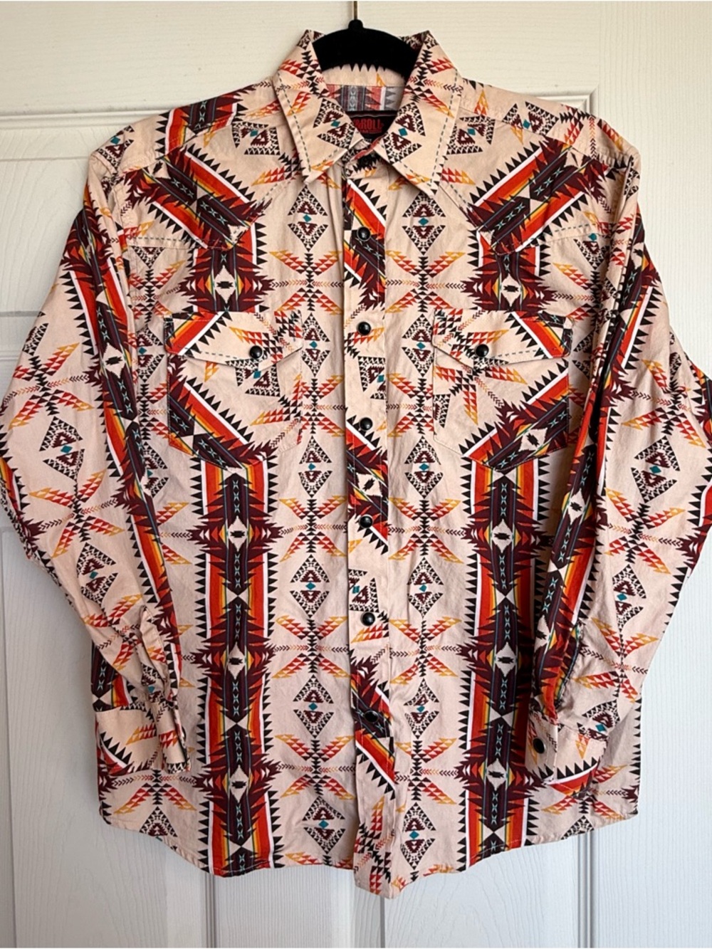 Rock & Roll: Slim Fit Aztec Rust Print LS Pearl Snap Shirt